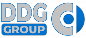 DDG Group Logo, Blue and grey lettering and a circular logo shape