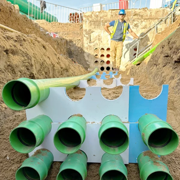 Utility pipes in a deep excavation. DDG Group groundworks.